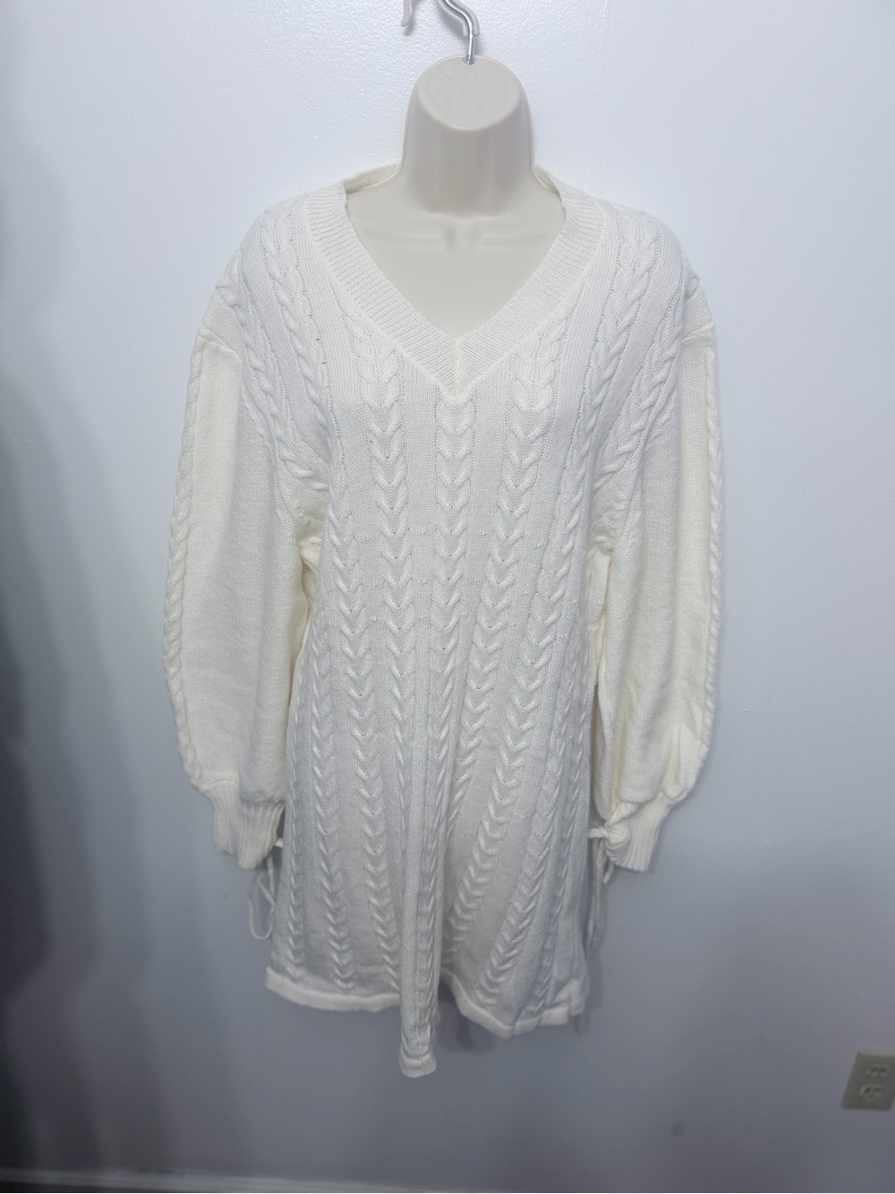 Women’s V-Neck Cable Knit Sweater Dress - Cream